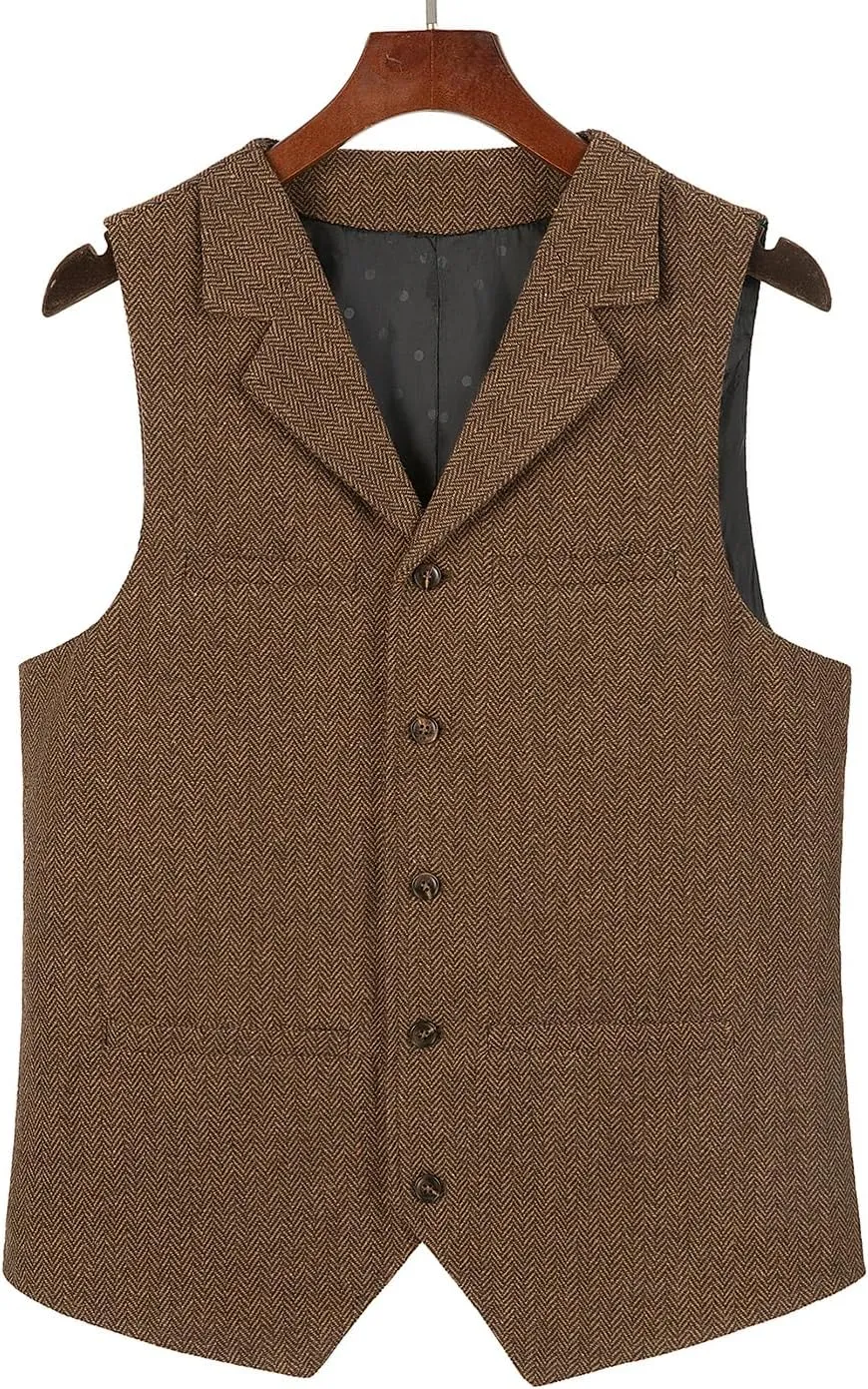 Hunting Aged Mens Tweed Vests Herringbone Waistcoats Retro Casual Wedding Wool Business Vests