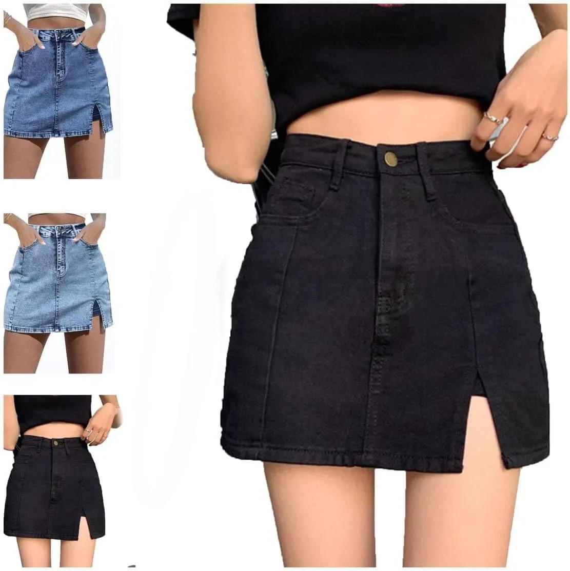 Jean Skorts for Woman,High Waisted Casual Stretchy Denim Skirt,Side Slit Trendy Summer Jean Skirt with Shorts Underneath