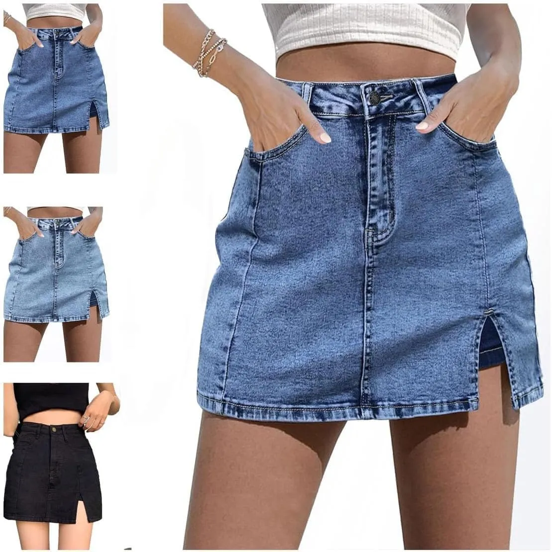 Jean Skorts for Woman,High Waisted Casual Stretchy Denim Skirt,Side Slit Trendy Summer Jean Skirt with Shorts Underneath