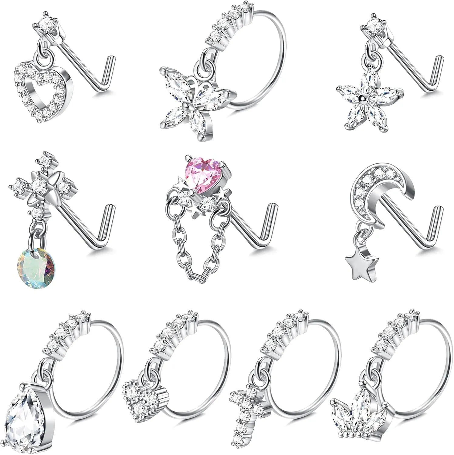 JOERICA 10 Pcs 20G Dangle Nose Rings Studs for Women 316L Stainless Steel L Shaped Nose Studs Heart Butterfly Moon Star Snowflake CZ Dangle Nose Rings Dangling Nose Piercing Jewelry