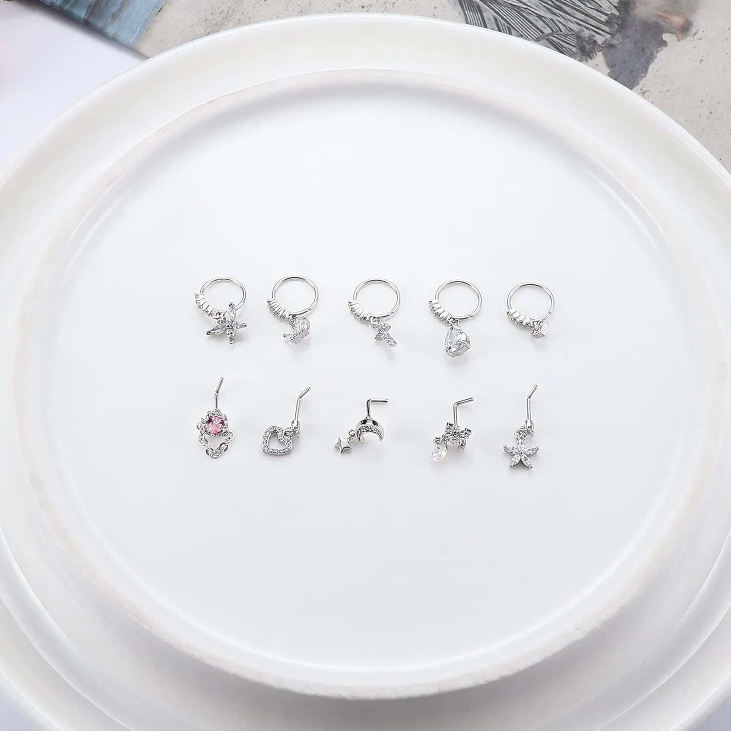 JOERICA 10 Pcs 20G Dangle Nose Rings Studs for Women 316L Stainless Steel L Shaped Nose Studs Heart Butterfly Moon Star Snowflake CZ Dangle Nose Rings Dangling Nose Piercing Jewelry