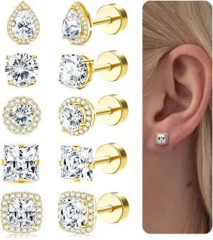 Kakonia 5 Pairs 20G 18G Flat Back Earrings Stud,Surgical Steel Cubic Zirconia Stud Earrings for Women Gold/Silver Square Teardrop CZ Halo Earrings With Flat Backs Faux Diamond Piercing Earrings Studs