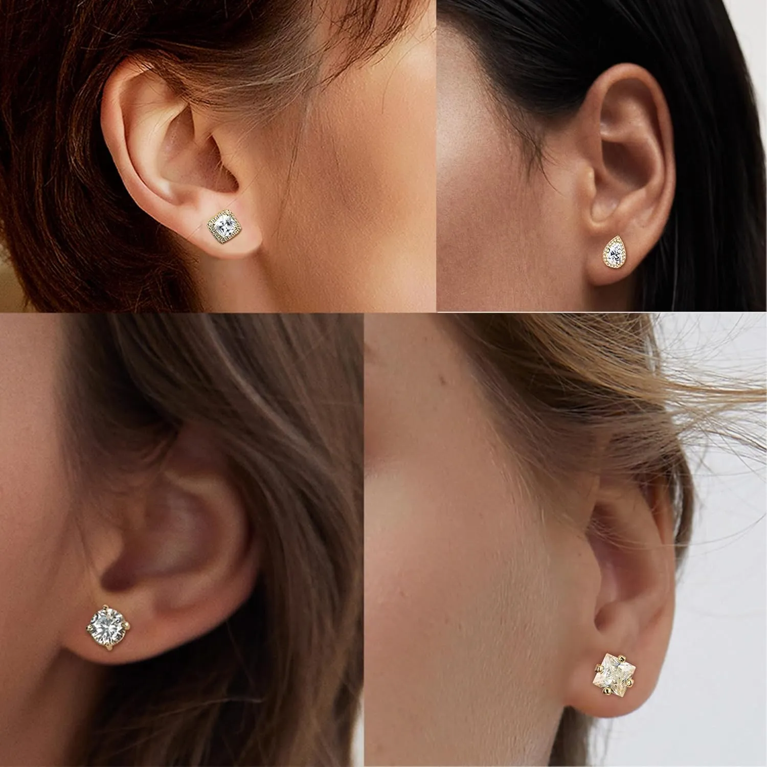 Kakonia 5 Pairs 20G 18G Flat Back Earrings Stud,Surgical Steel Cubic Zirconia Stud Earrings for Women Gold/Silver Square Teardrop CZ Halo Earrings With Flat Backs Faux Diamond Piercing Earrings Studs