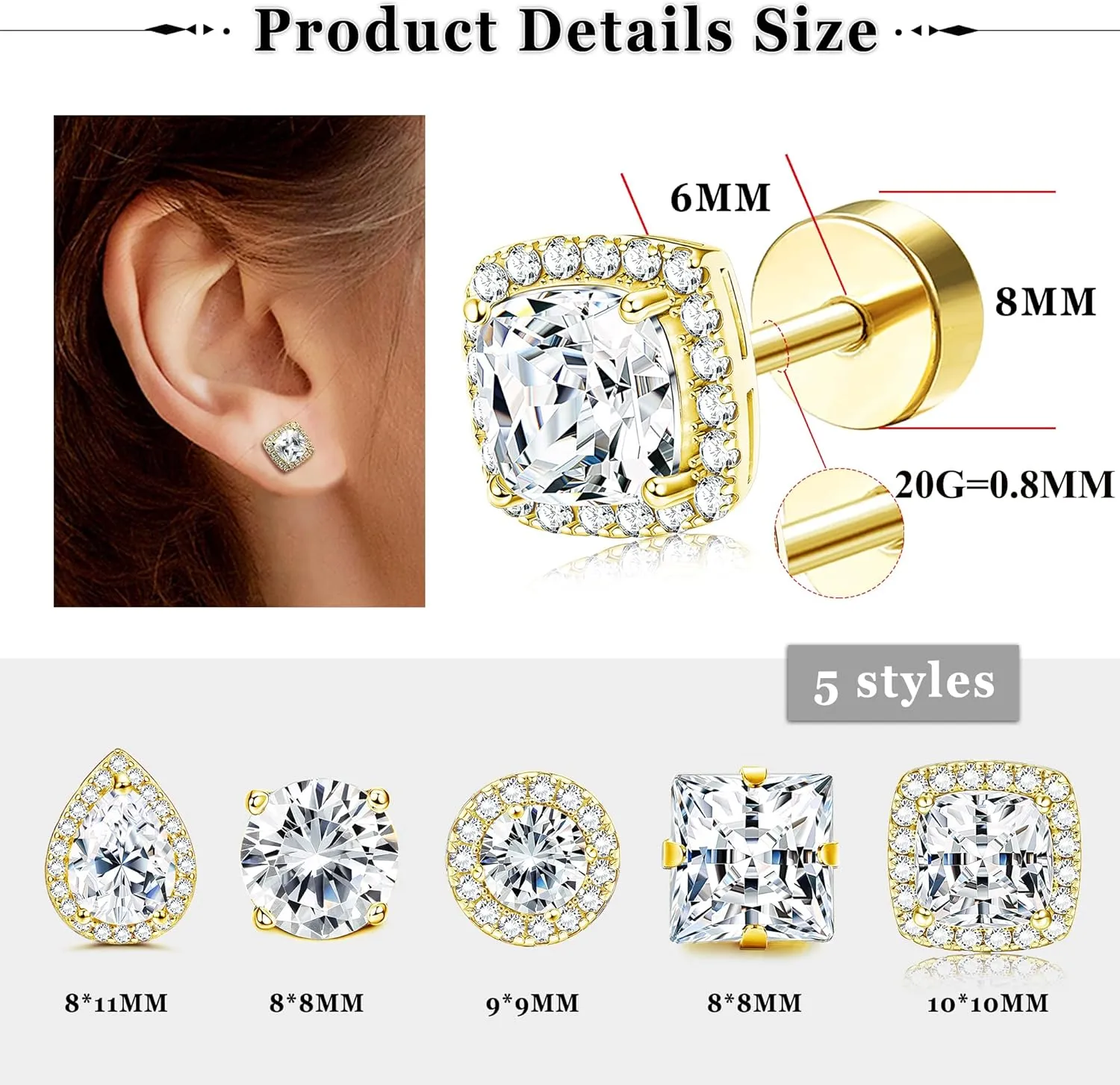 Kakonia 5 Pairs 20G 18G Flat Back Earrings Stud,Surgical Steel Cubic Zirconia Stud Earrings for Women Gold/Silver Square Teardrop CZ Halo Earrings With Flat Backs Faux Diamond Piercing Earrings Studs
