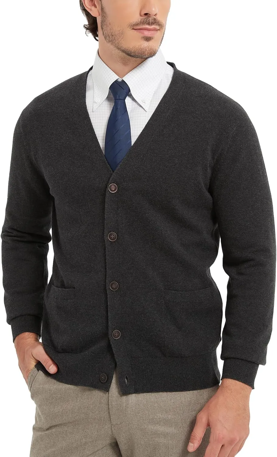 Kallspin Mens Pure Cotton Cardigan Sweater V-Neck Button Down Cardigan Lightweight Knitwear with Pockets