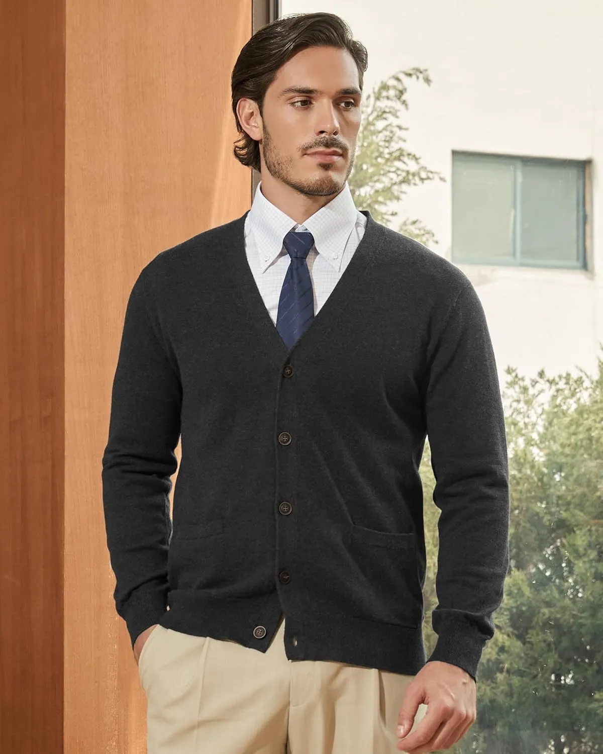 Kallspin Mens Pure Cotton Cardigan Sweater V-Neck Button Down Cardigan Lightweight Knitwear with Pockets