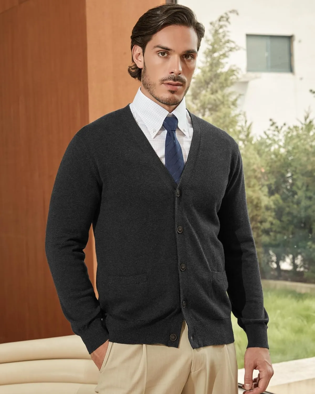 Kallspin Mens Pure Cotton Cardigan Sweater V-Neck Button Down Cardigan Lightweight Knitwear with Pockets