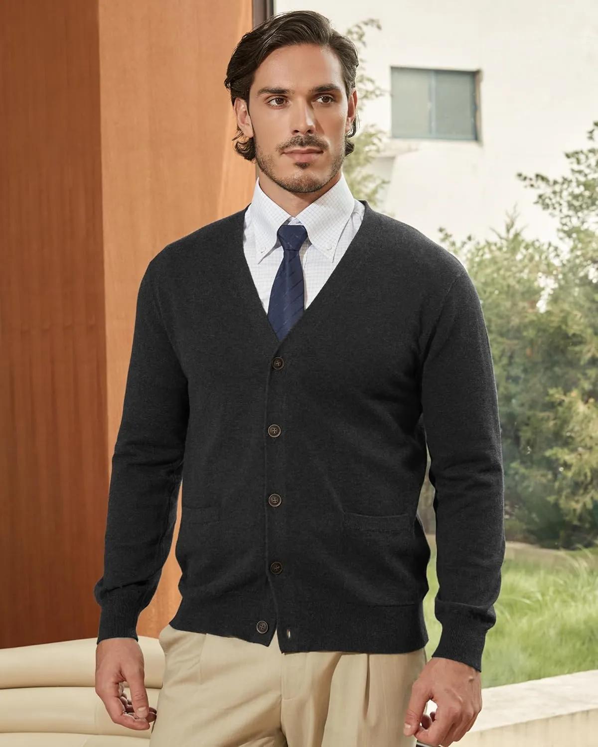 Kallspin Mens Pure Cotton Cardigan Sweater V-Neck Button Down Cardigan Lightweight Knitwear with Pockets