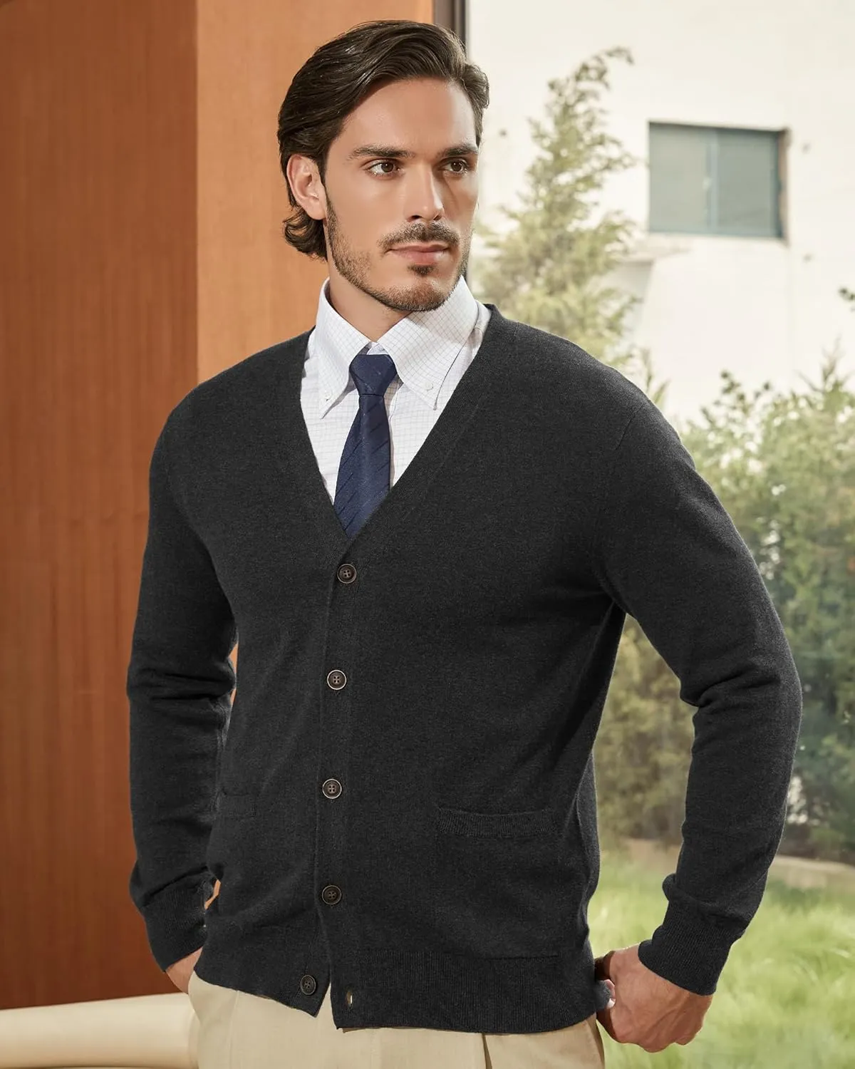 Kallspin Mens Pure Cotton Cardigan Sweater V-Neck Button Down Cardigan Lightweight Knitwear with Pockets