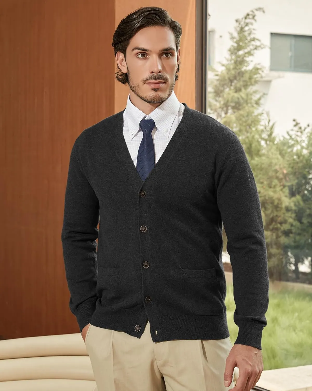 Kallspin Mens Pure Cotton Cardigan Sweater V-Neck Button Down Cardigan Lightweight Knitwear with Pockets