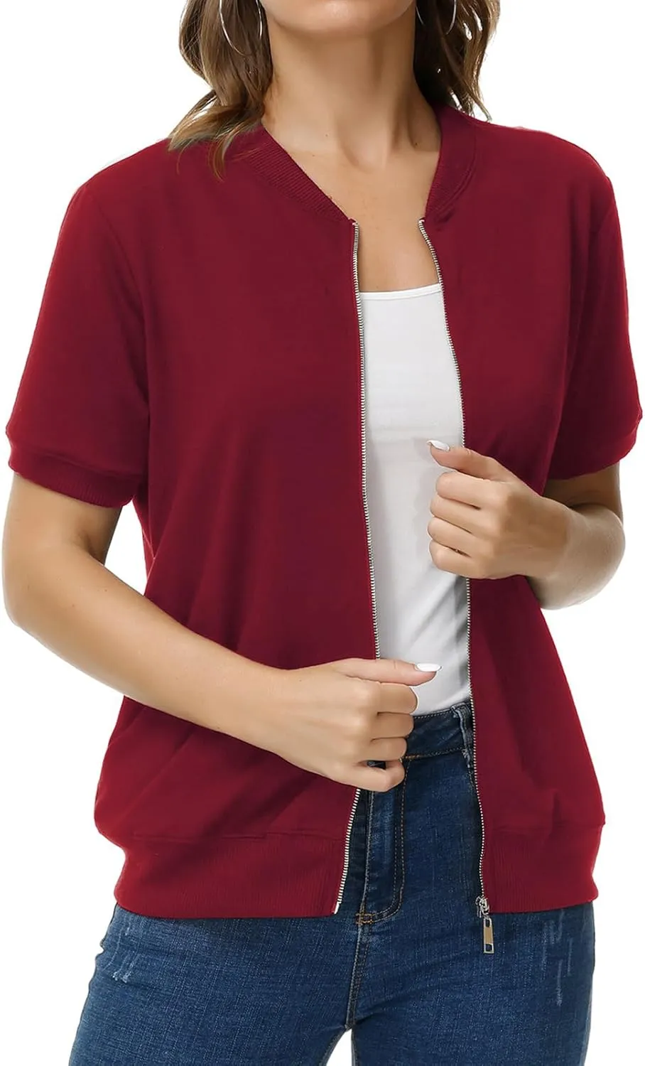 KANCY KOLE Womens Short Sleeve Jackets Casual Zip Up Sweatshirt Jackets with Pockets Summer Lightweight Coat Tops