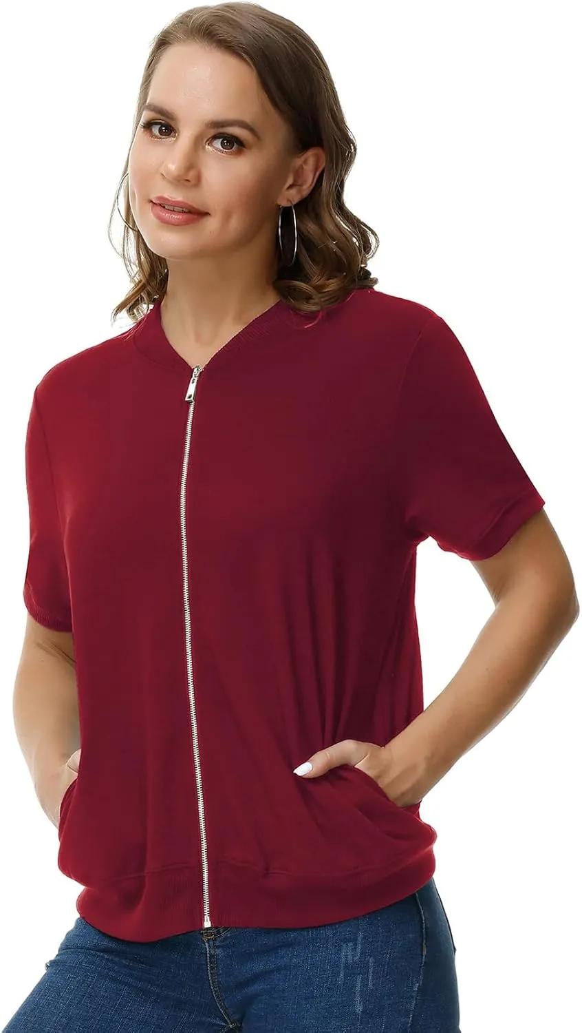 KANCY KOLE Womens Short Sleeve Jackets Casual Zip Up Sweatshirt Jackets with Pockets Summer Lightweight Coat Tops
