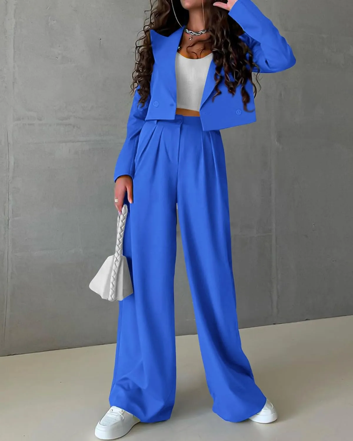 KIRUNDO Women's Two Piece Outfits Business Casual Cropped Blazer Jackets and Wide Leg Pants Suit Sets Work Clothes