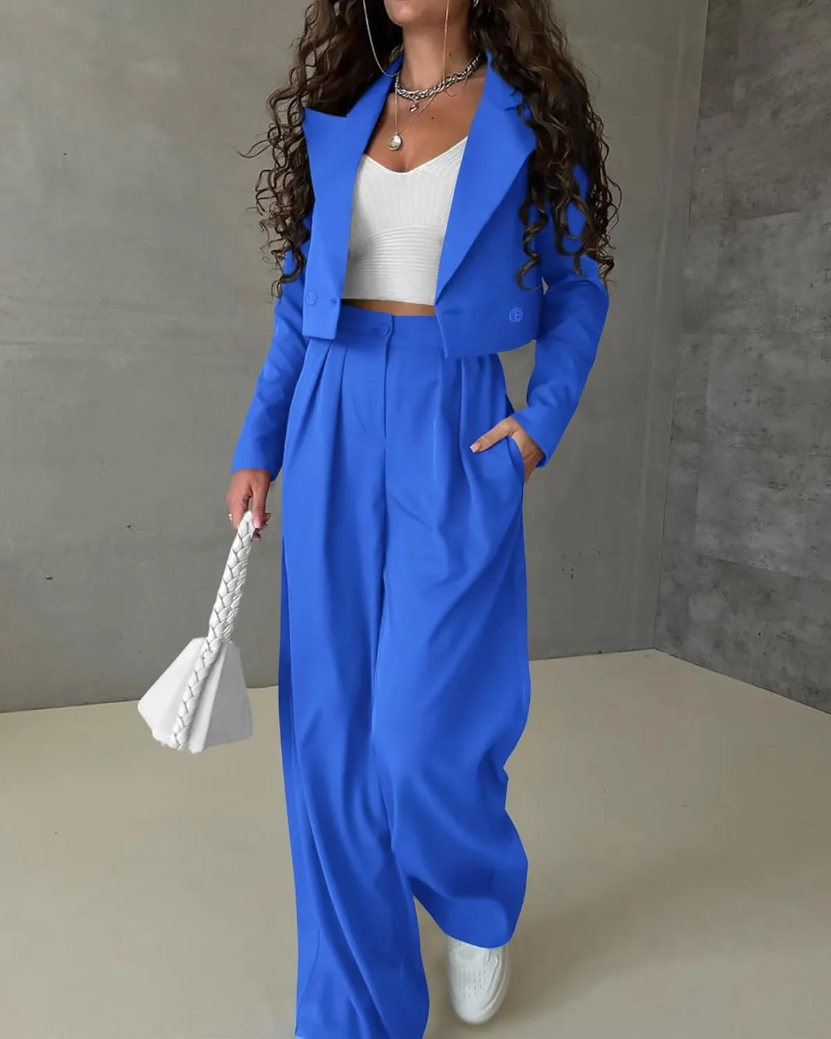 KIRUNDO Women's Two Piece Outfits Business Casual Cropped Blazer Jackets and Wide Leg Pants Suit Sets Work Clothes