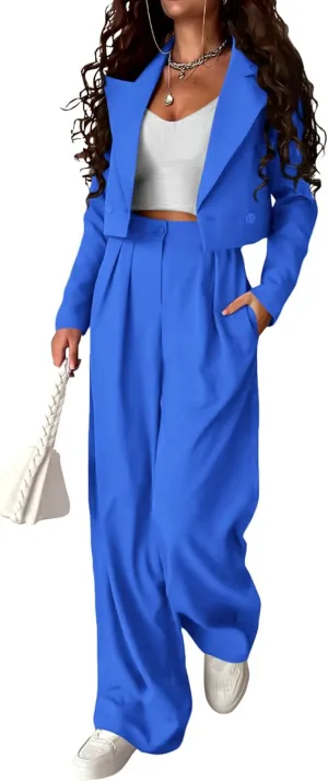 KIRUNDO Women's Two Piece Outfits Business Casual Cropped Blazer Jackets and Wide Leg Pants Suit Sets Work Clothes