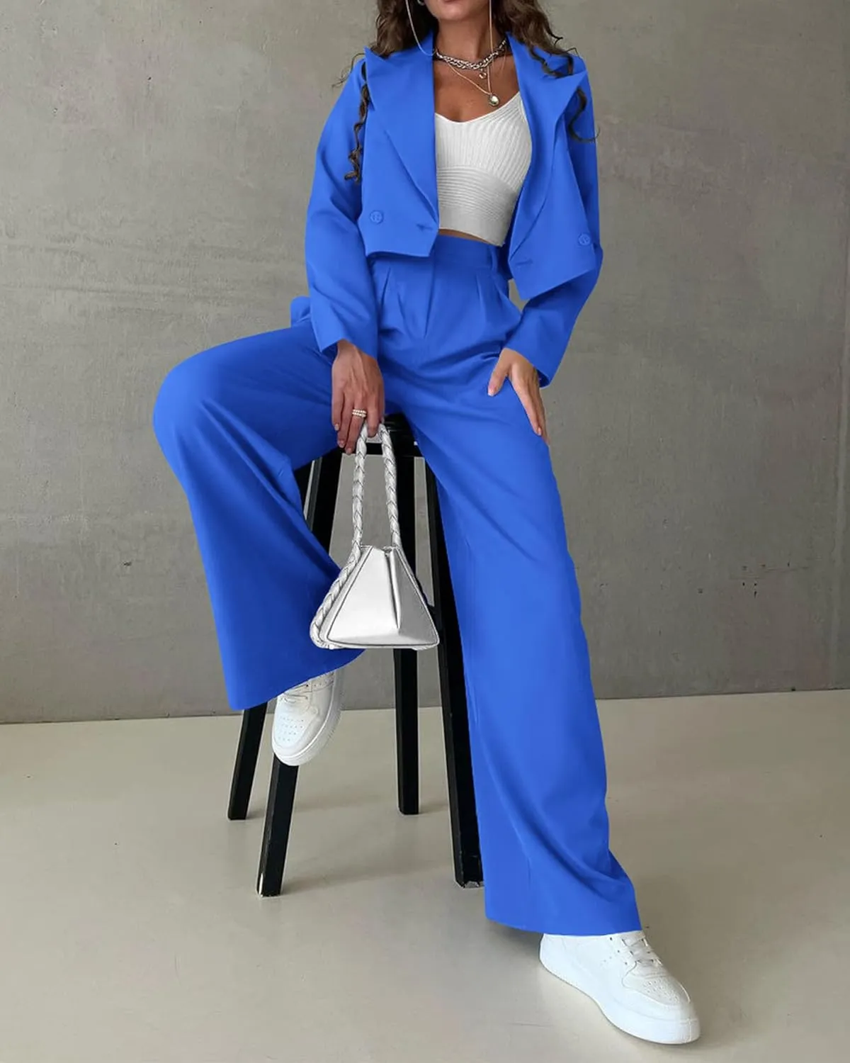 KIRUNDO Women's Two Piece Outfits Business Casual Cropped Blazer Jackets and Wide Leg Pants Suit Sets Work Clothes