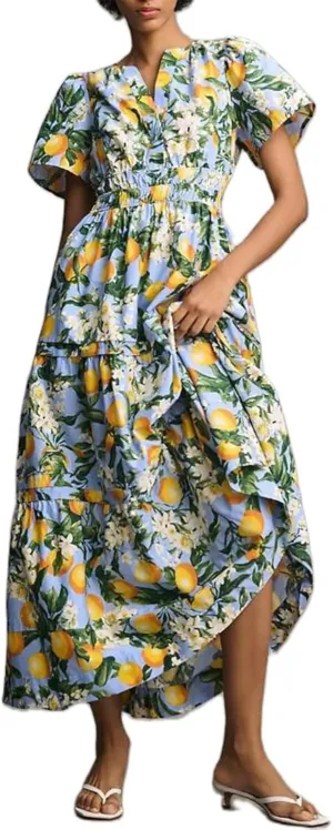 KMBANGI Women Flutter Sleeve Maxi Dress Boho Smocked Sundress Floral Printed Short Sleeve Tiered Ruffle Long Beach Dress
