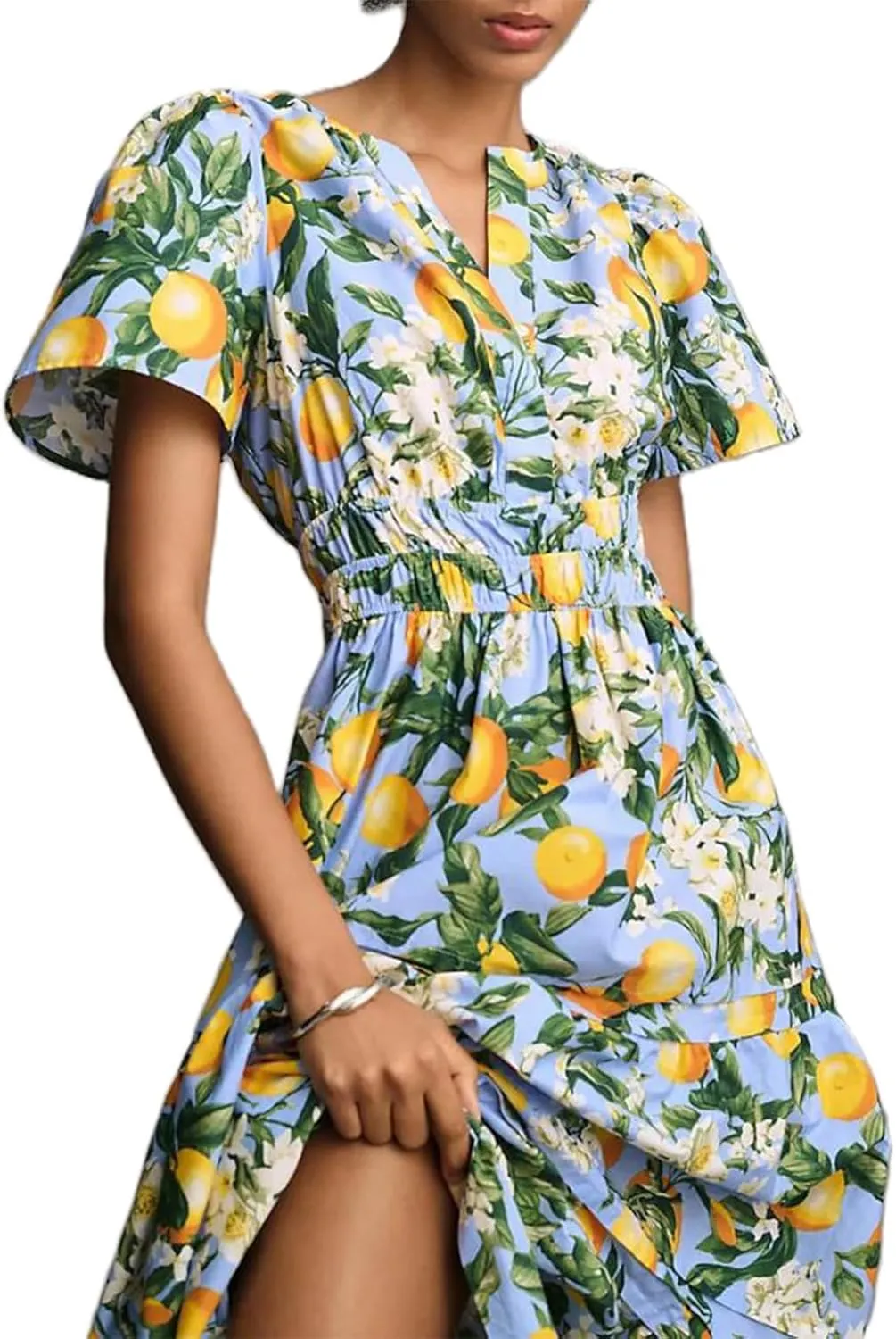 KMBANGI Women Flutter Sleeve Maxi Dress Boho Smocked Sundress Floral Printed Short Sleeve Tiered Ruffle Long Beach Dress
