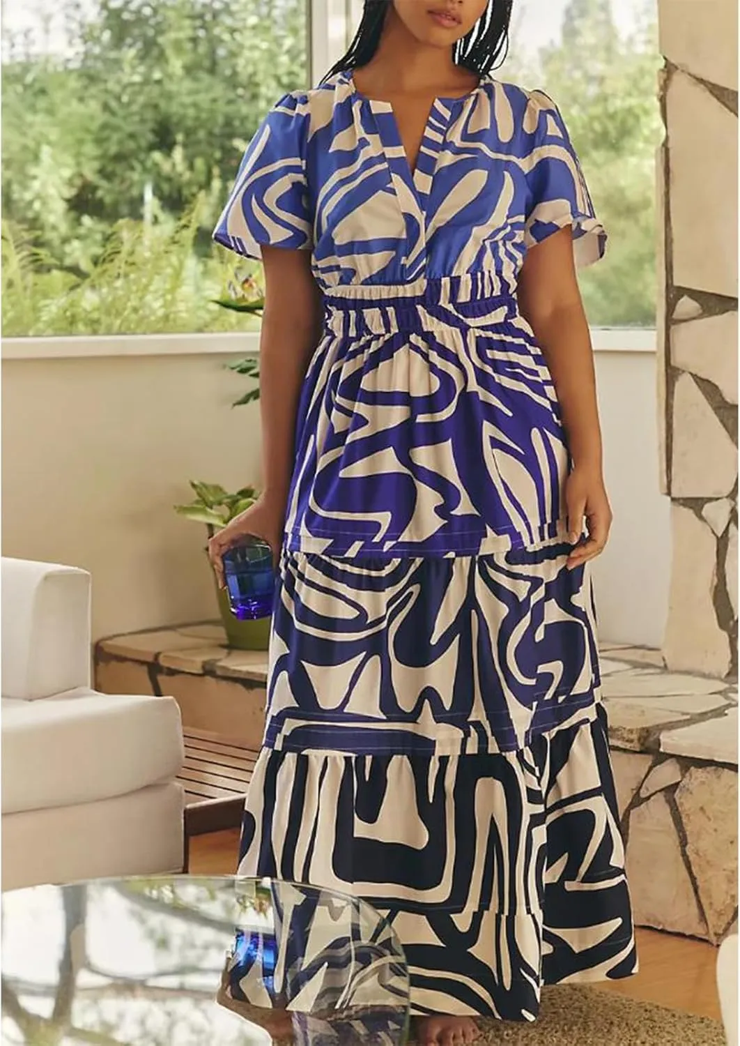 KMBANGI Women Flutter Sleeve Maxi Dress Boho Smocked Sundress Floral Printed Short Sleeve Tiered Ruffle Long Beach Dress