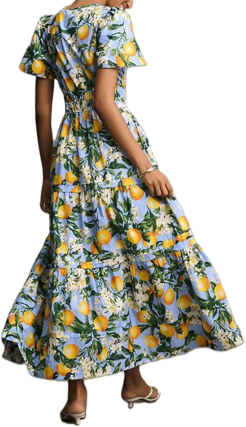 KMBANGI Women Flutter Sleeve Maxi Dress Boho Smocked Sundress Floral Printed Short Sleeve Tiered Ruffle Long Beach Dress