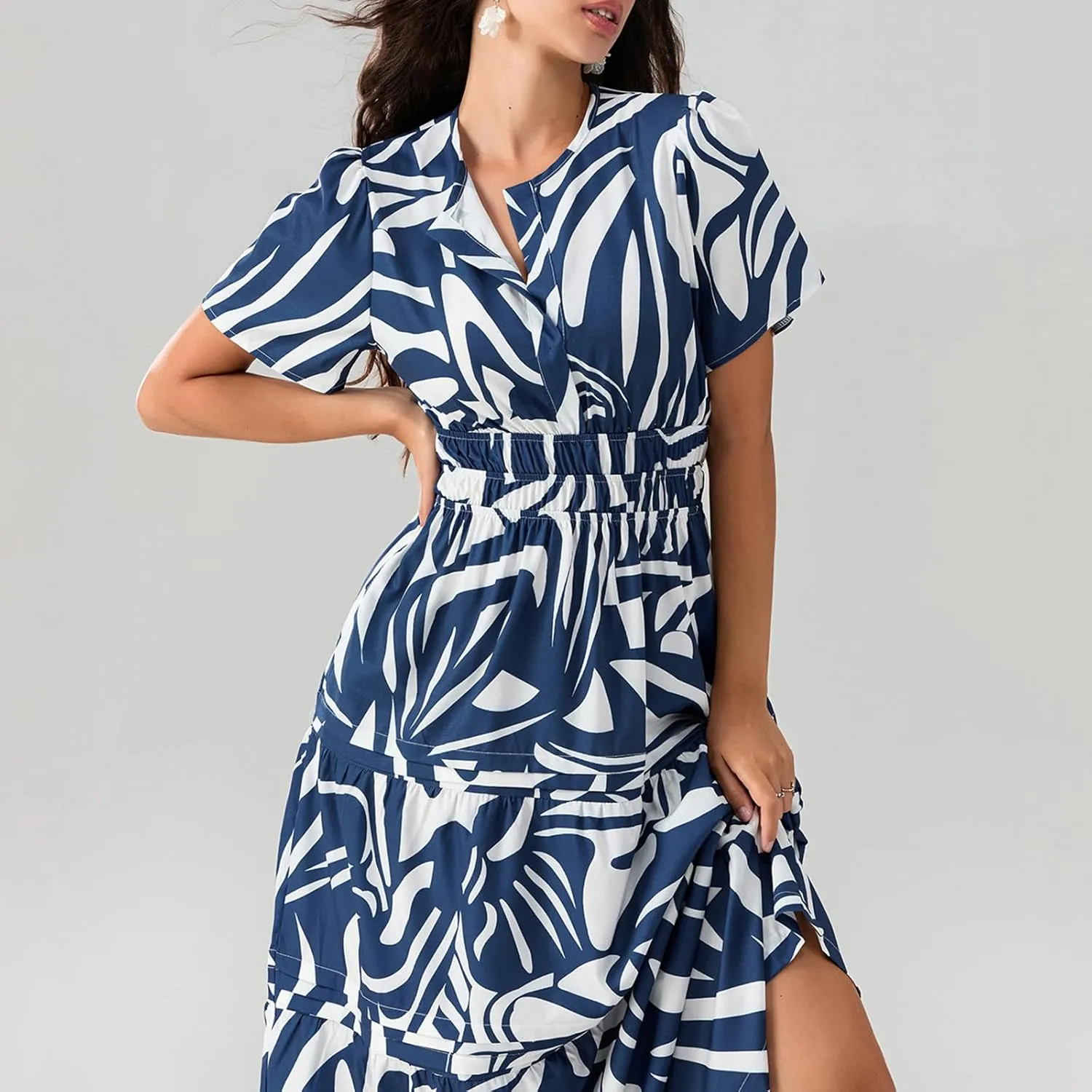 KMBANGI Women Flutter Sleeve Maxi Dress Boho Smocked Sundress Floral Printed Short Sleeve Tiered Ruffle Long Beach Dress