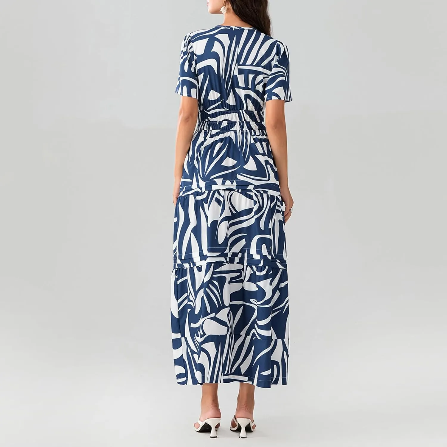 KMBANGI Women Flutter Sleeve Maxi Dress Boho Smocked Sundress Floral Printed Short Sleeve Tiered Ruffle Long Beach Dress