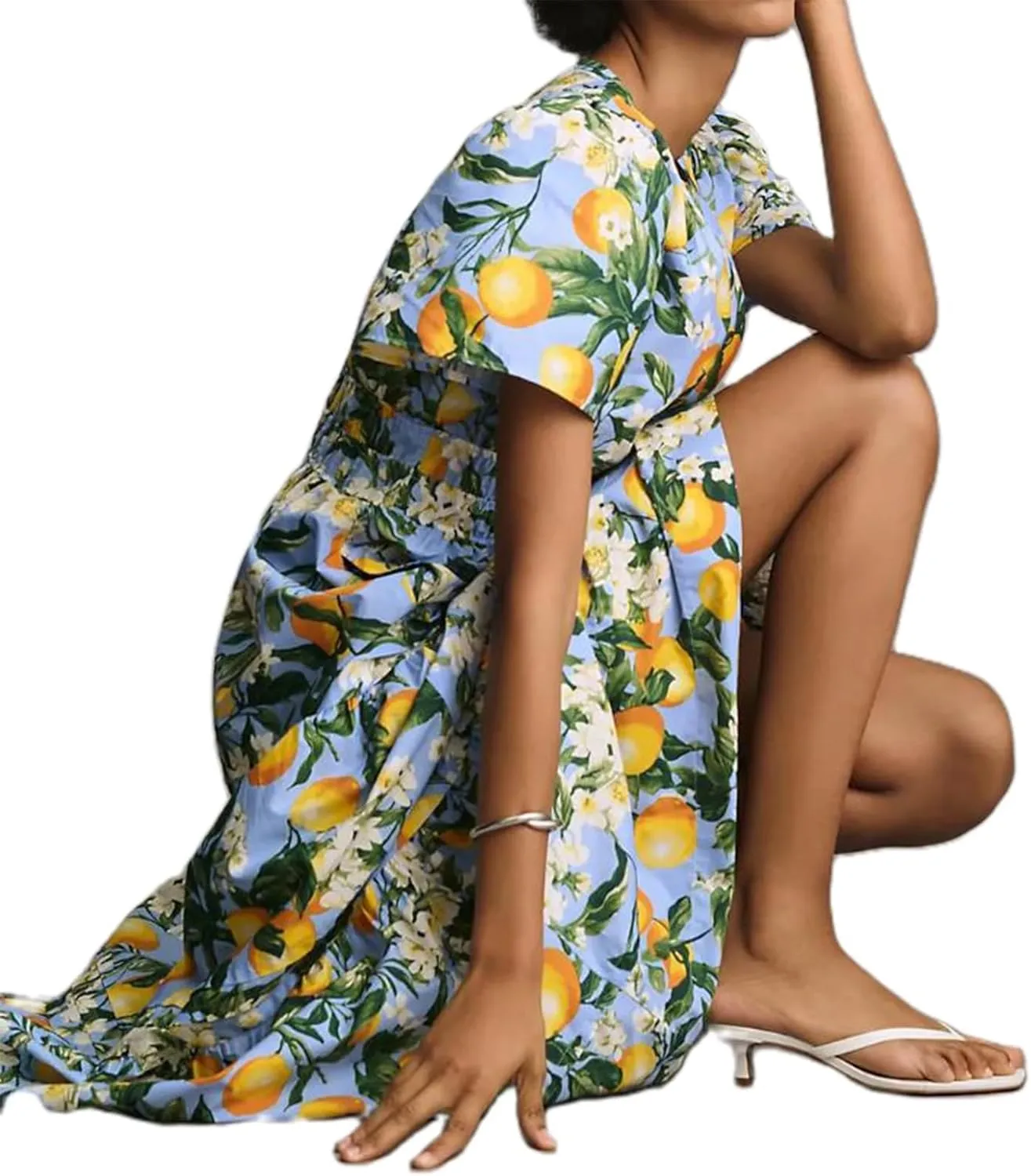 KMBANGI Women Flutter Sleeve Maxi Dress Boho Smocked Sundress Floral Printed Short Sleeve Tiered Ruffle Long Beach Dress