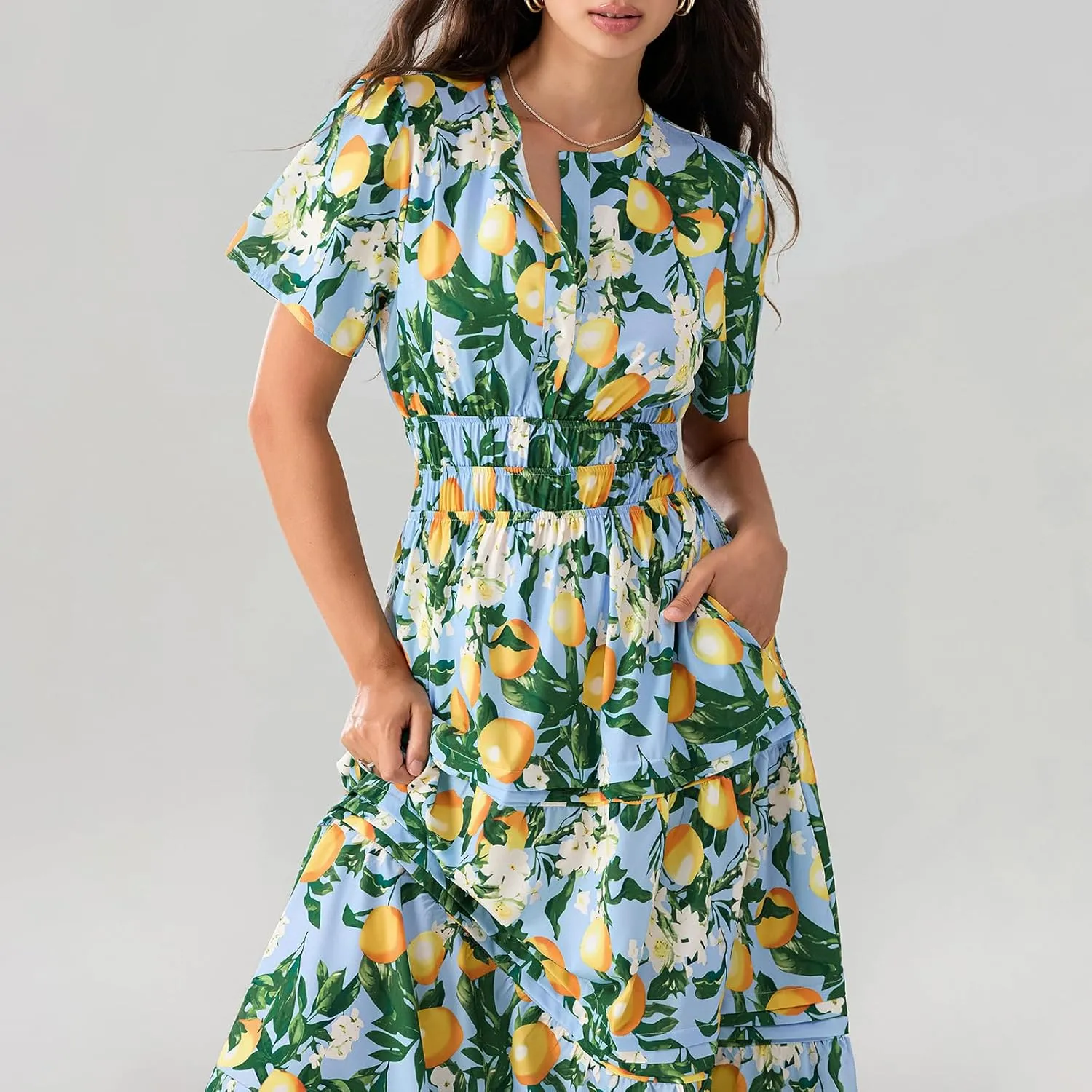 KMBANGI Women Flutter Sleeve Maxi Dress Boho Smocked Sundress Floral Printed Short Sleeve Tiered Ruffle Long Beach Dress