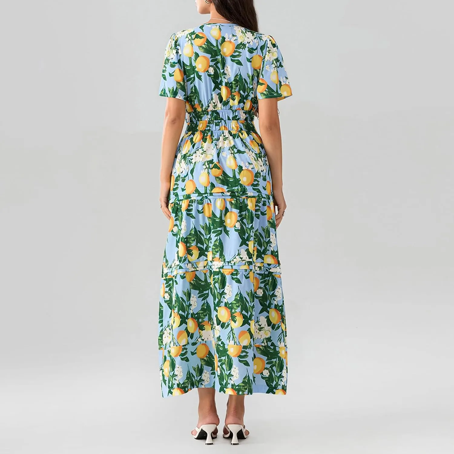 KMBANGI Women Flutter Sleeve Maxi Dress Boho Smocked Sundress Floral Printed Short Sleeve Tiered Ruffle Long Beach Dress