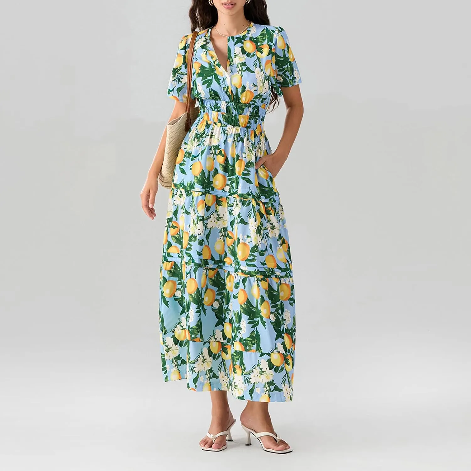 KMBANGI Women Flutter Sleeve Maxi Dress Boho Smocked Sundress Floral Printed Short Sleeve Tiered Ruffle Long Beach Dress