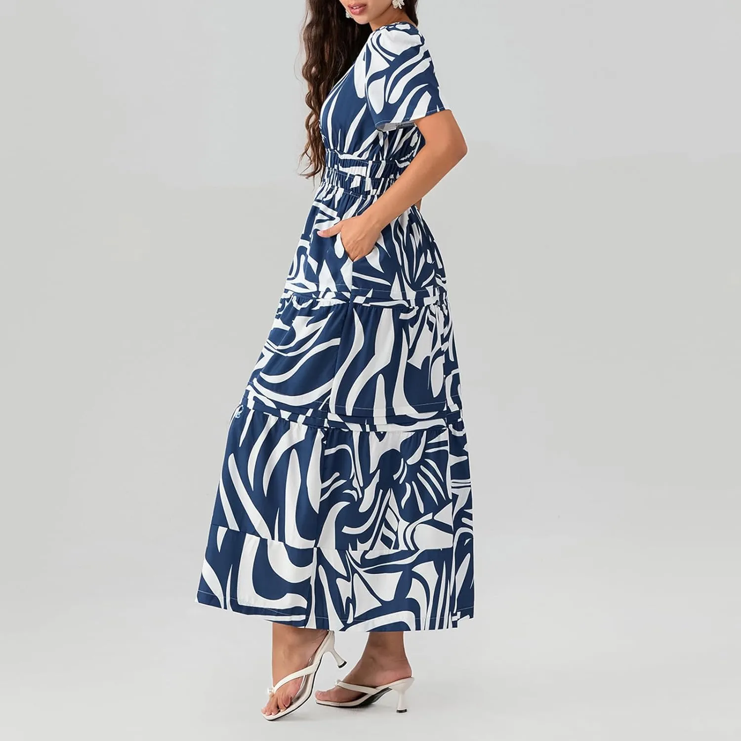 KMBANGI Women Flutter Sleeve Maxi Dress Boho Smocked Sundress Floral Printed Short Sleeve Tiered Ruffle Long Beach Dress