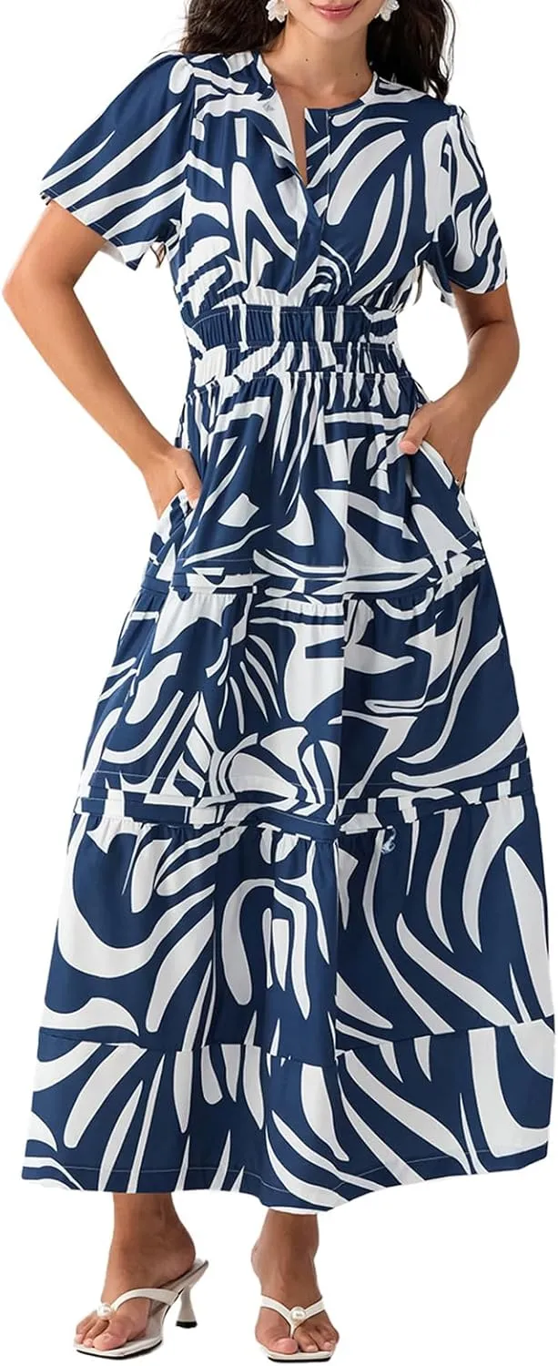 KMBANGI Women Flutter Sleeve Maxi Dress Boho Smocked Sundress Floral Printed Short Sleeve Tiered Ruffle Long Beach Dress