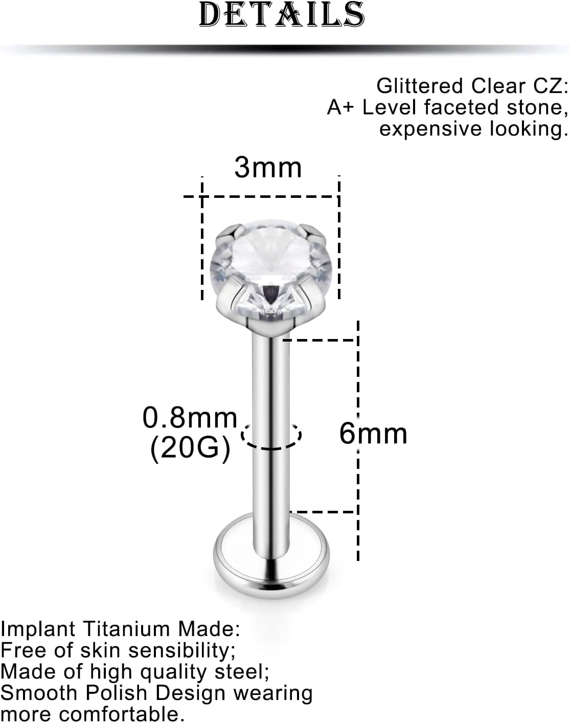 Kridzisw 20G 18G Titanium Nose Rings Studs Internally Threaded Hypoallergenic Implant Grade Surgical Steel Nose Studs Flat Back Cartilage Tragus Helix Earrings Piercing Jewelry for Sensitive Skin