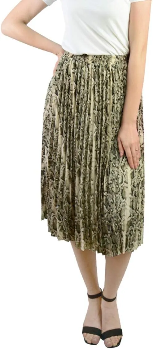 lalc Women's Summer Chiffon Casual Elastic Waist A Line Print Pleated Midi Skirt Dress
