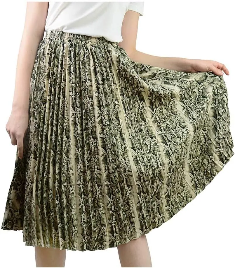 lalc Women's Summer Chiffon Casual Elastic Waist A Line Print Pleated Midi Skirt Dress