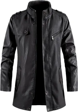 Leather Jackets Mens Stand Collar Steampunk Motorcycle Jackets Faux Pu Leather Mid-Length Windbreaker Trench Coat