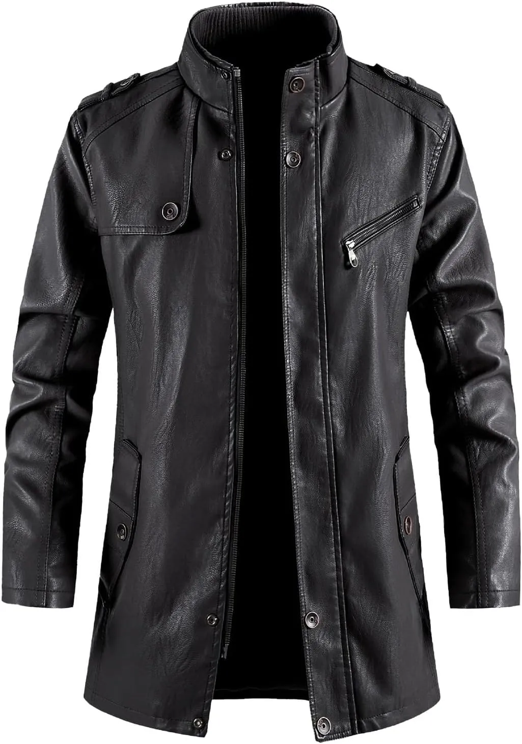 Leather Jackets Mens Stand Collar Steampunk Motorcycle Jackets Faux Pu Leather Mid-Length Windbreaker Trench Coat