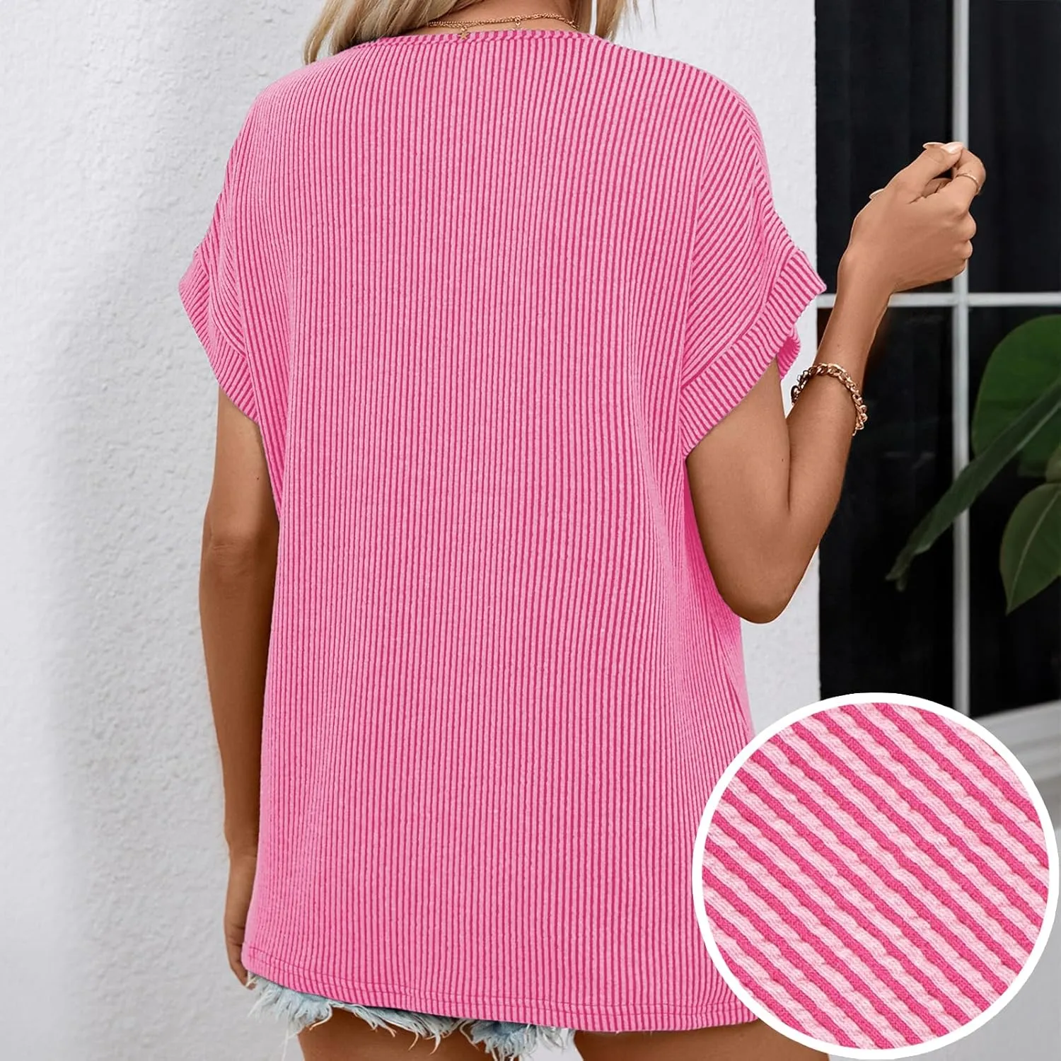 levaca Trendy Ribbed Womens Tops 2024 Summer Short Sleeve Loose Casual T Shirts Tops