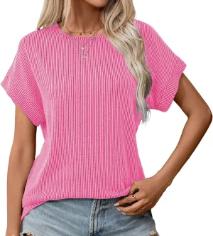 levaca Trendy Ribbed Womens Tops 2024 Summer Short Sleeve Loose Casual T Shirts Tops