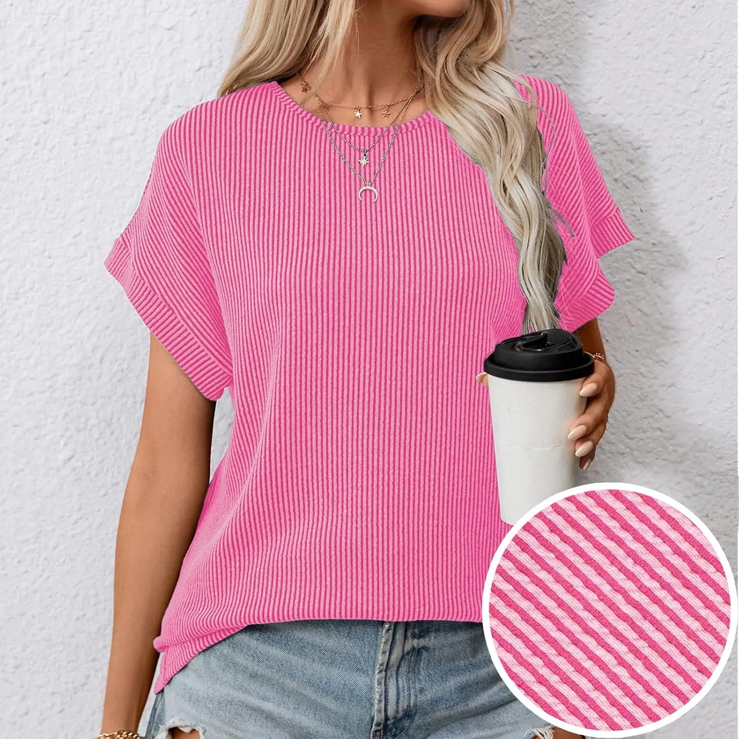levaca Trendy Ribbed Womens Tops 2024 Summer Short Sleeve Loose Casual T Shirts Tops