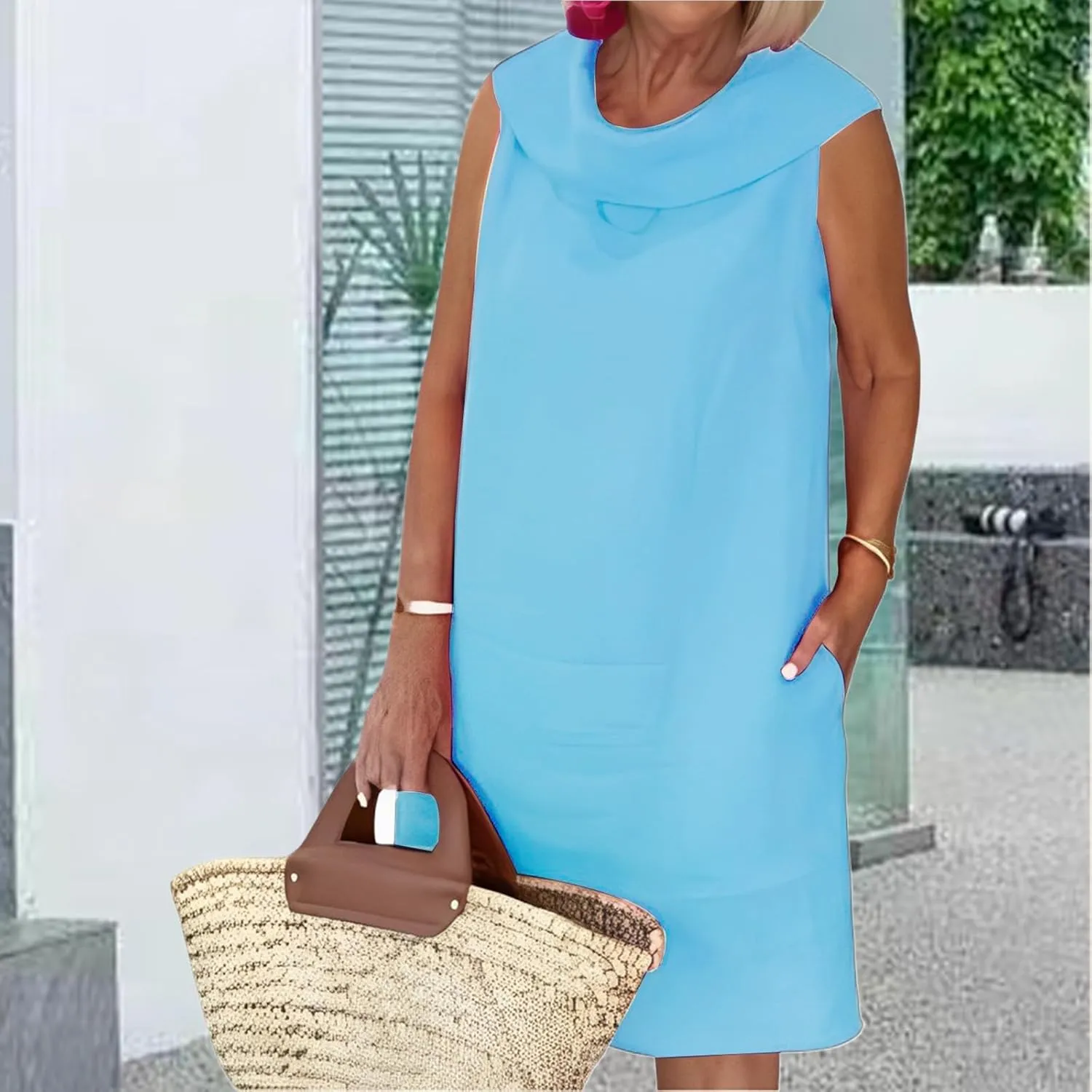 Linen Dress for Women Plus Size Sleeveless Turtleneck Tank Mini Dresses Casual Solid Flowy Midi Dresses with Pockets