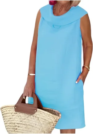 Linen Dress for Women Plus Size Sleeveless Turtleneck Tank Mini Dresses Casual Solid Flowy Midi Dresses with Pockets
