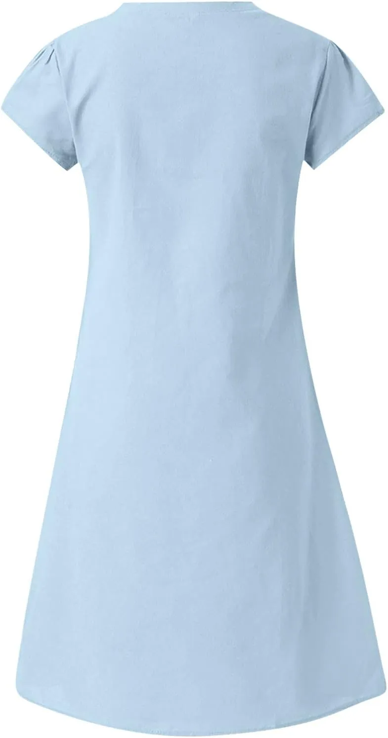 Linen Dresses for Women 2025 Summer Casual V-Neck A Line Dress Trendy Cap Sleeve Sun Dresses Vacation Beach Clothing