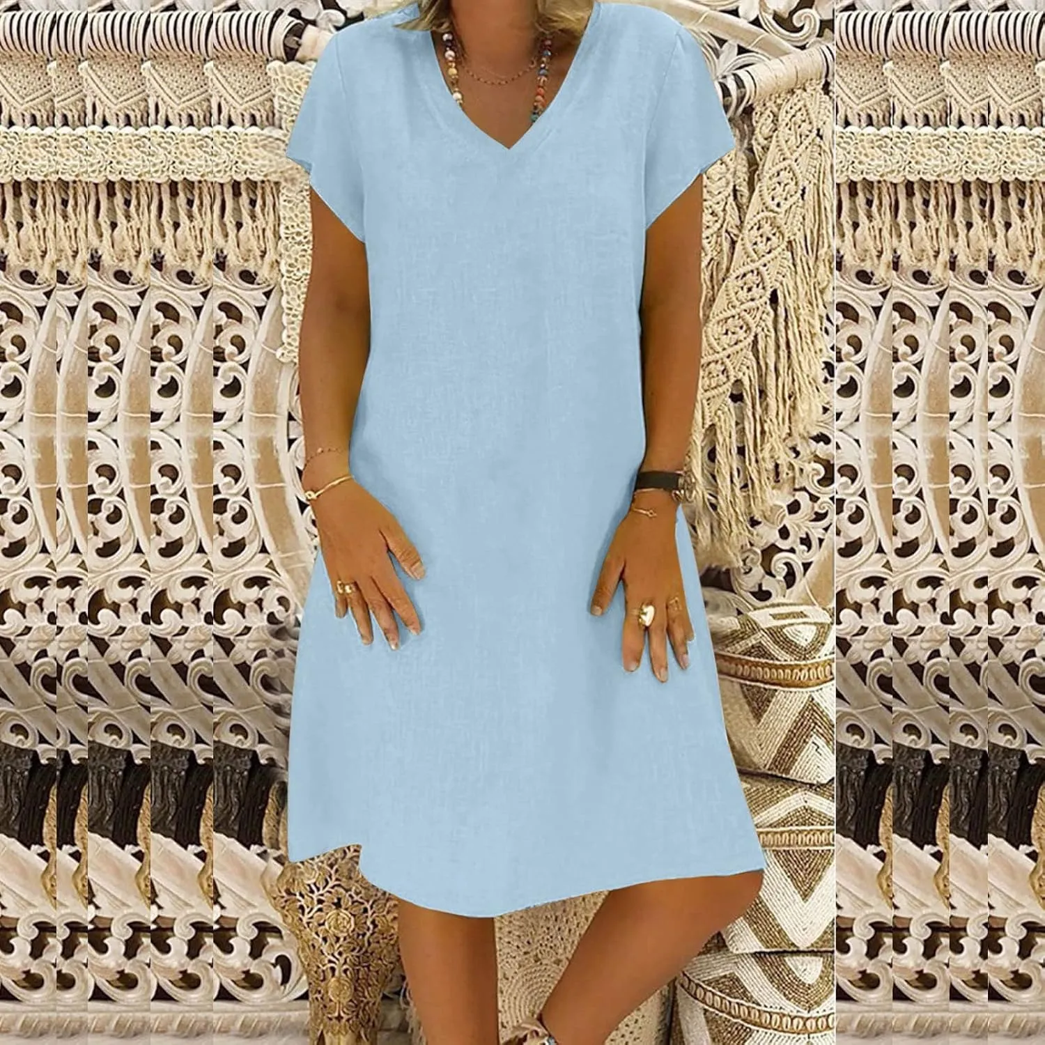 Linen Dresses for Women 2025 Summer Casual V-Neck A Line Dress Trendy Cap Sleeve Sun Dresses Vacation Beach Clothing