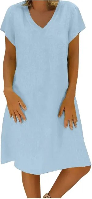 Linen Dresses for Women 2025 Summer Casual V-Neck A Line Dress Trendy Cap Sleeve Sun Dresses Vacation Beach Clothing