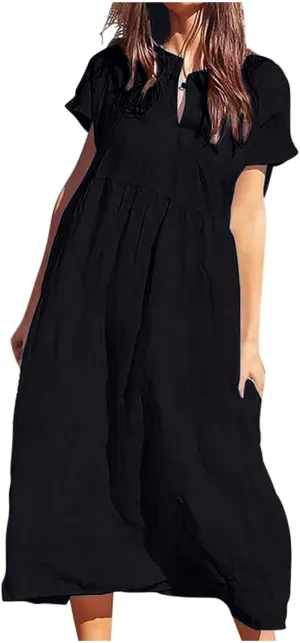 Linen Dresses for Women Summer 2025 Trendy Loose V-Neck Dress Solid Color Casual Short Sleeve Vacation Sundress