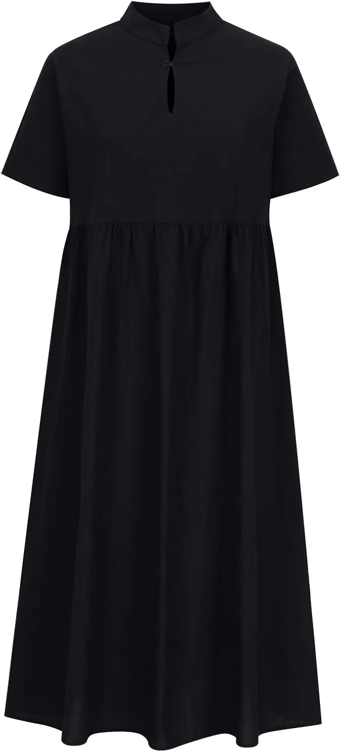 Linen Dresses for Women Summer 2025 Trendy Loose V-Neck Dress Solid Color Casual Short Sleeve Vacation Sundress