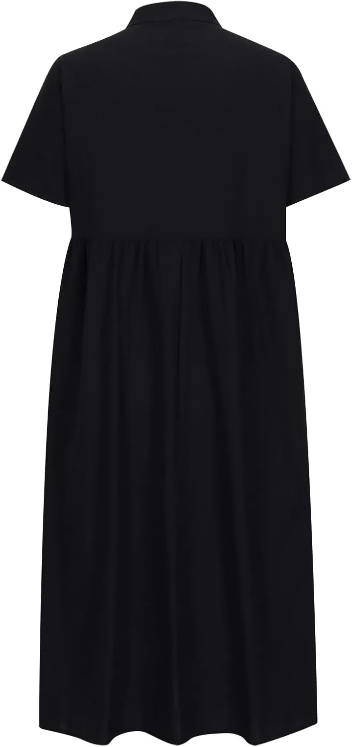 Linen Dresses for Women Summer 2025 Trendy Loose V-Neck Dress Solid Color Casual Short Sleeve Vacation Sundress