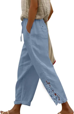 Linen Pants for Ladies Summer Casual Side Button Drawstring Pants Lightweight Beach Pants Comfy Work Pants Loose Streeweat