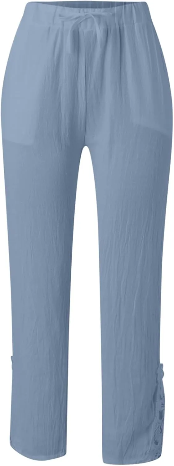 Linen Pants for Ladies Summer Casual Side Button Drawstring Pants Lightweight Beach Pants Comfy Work Pants Loose Streeweat